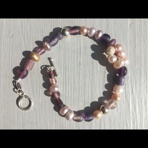 Genuine freshwater pearls/glass bead bracelet with sterling silver clasp F18